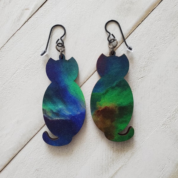 Northern Lights Cat Dangle Earrings, Colorful Cat Lightweight Wood Earrings, Gift For Cat Lover, Bestie Birthday Gift, Mother's Day Jewelry