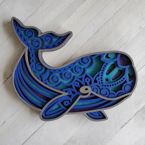 Whale Mandala Topical 3D Wall Art or Shelf Sitter, Boho Ocean Beach Island Home Decor