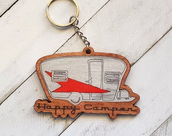 Happy Camper Keychain, Retro Camper Wooden Keychain, Camper RV Keychain, Gift for Camping Friends and Family