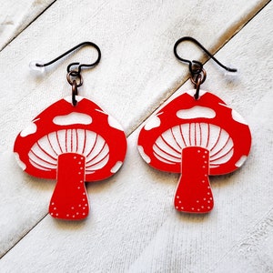 Button Mushroom Dangle Earrings, Acrylic Lightweight Mushroom Dangle Earrings, Red and White Mushroom Earrings, Gift for Bestie