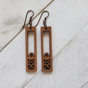 Wooden Open Rectangle Dangle Boho Earrings, Boho Inspired Gift For Her