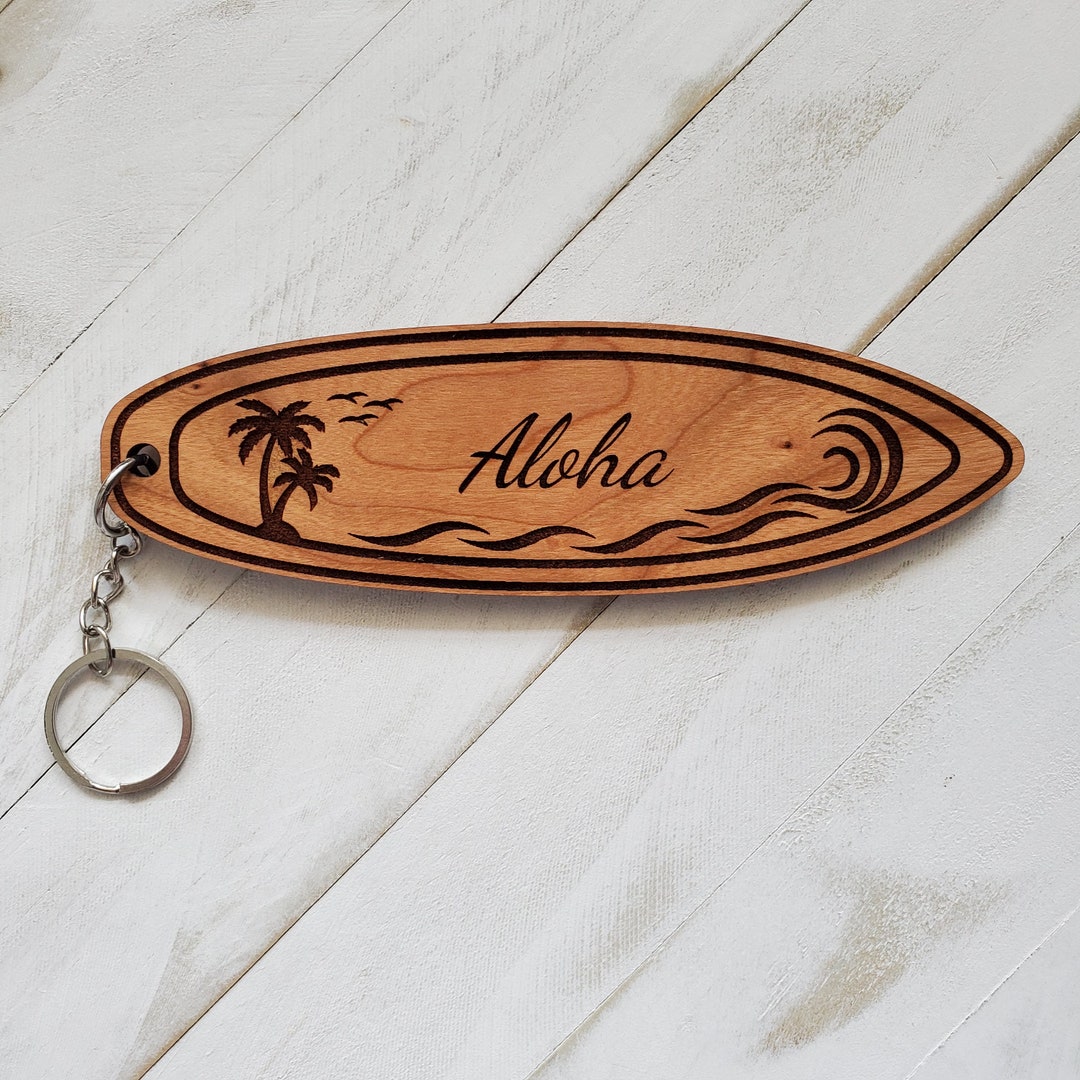 Aloha Longboard Keychain, Wooden Surfboard Keychain, Tropical Beach