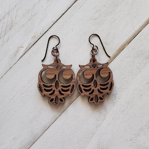 Owl Dangle Earrings, Owl Wooden Dangle Earrings, Cottagecore Gift, Gift for Her Gift for Owl Lover, Whimsical Wise Owl Jewelry