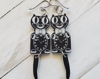 Retro Cat Clock Earrings, Acrylic Kit Kat Clock Dangle Earrings, Cat Lover Gift, Gift for Her