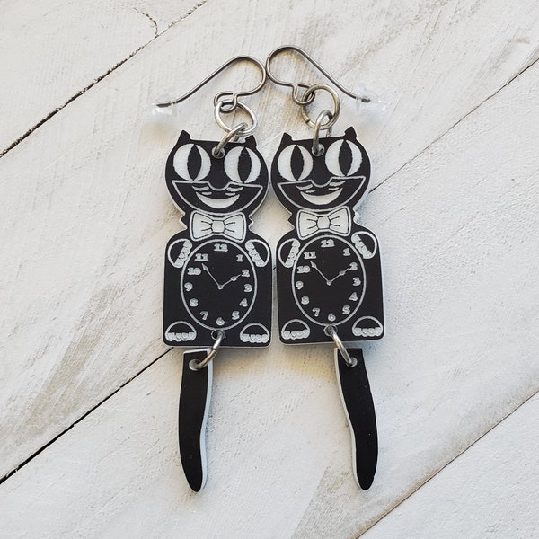 Retro Cat Clock Earrings, Acrylic Kit Kat Clock Dangle Earrings, Cat Lover Gift, Gift for Her