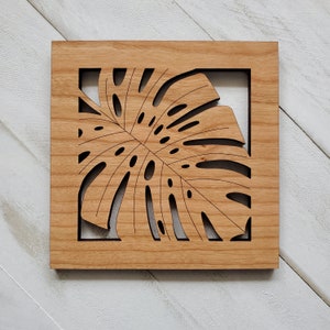 Monstera Leaf Wooden Coaster, Tropical Home Decor, Monstera Leaf Hot Beverage Coaster, Tiki Barware Gift For Bestie