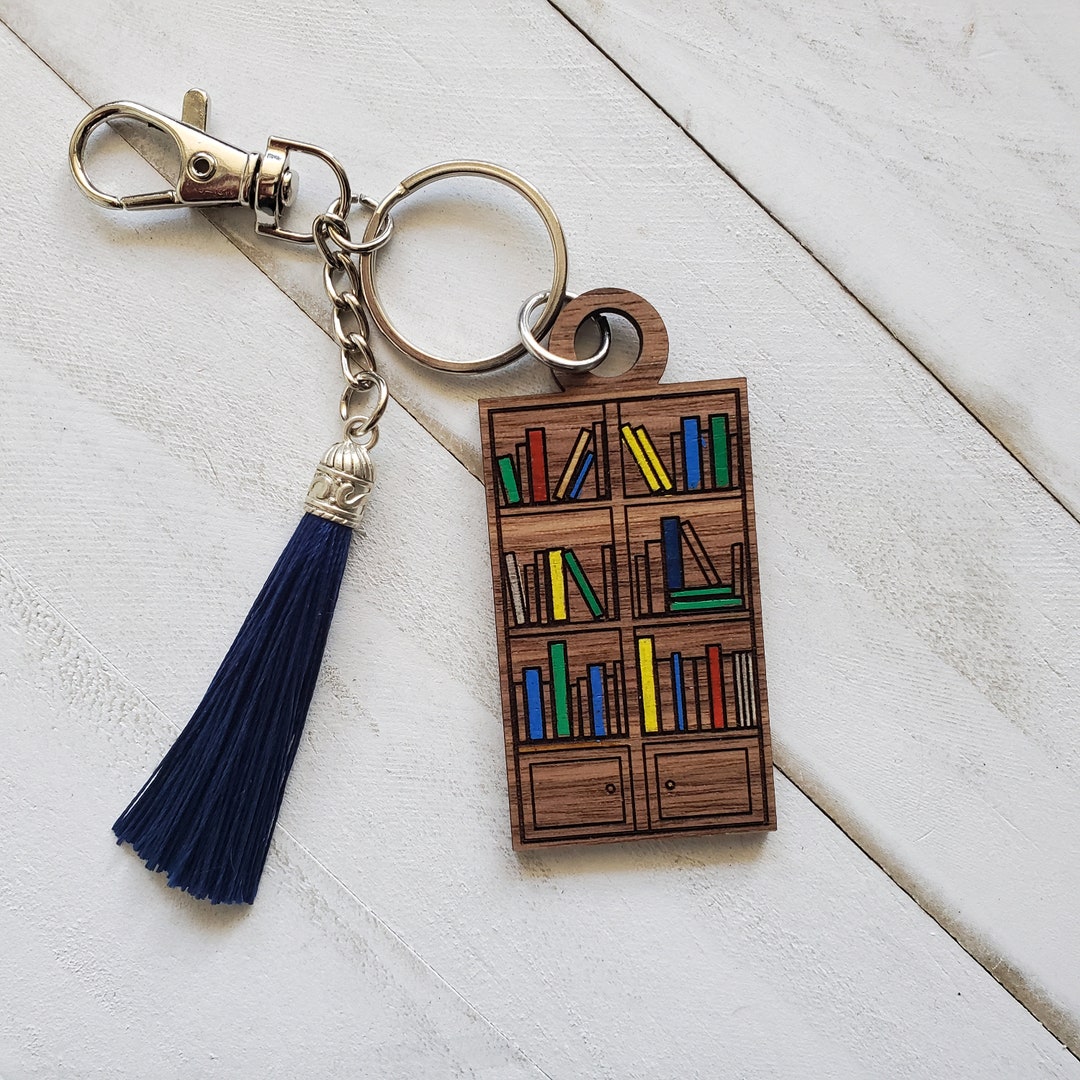 Cute Library Keychains Bookcase Keychain With Silk Tassel, Wooden Keychain, Book Lover ...