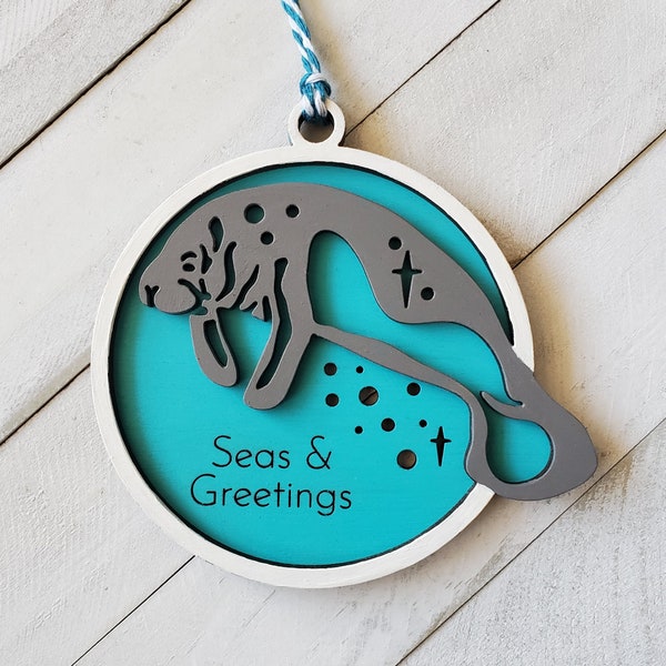 Manatee Tropical Ornament, 2 Layer Manatee Christmas Ornament, Sea Cow Manatee Wooden Ornament, Gift for Ocean Lover, Can Be Personalized
