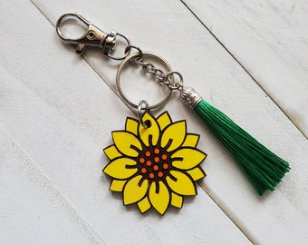 Sunflower Wooden Keychain with Silk Tassel, Sunflower CottageCore Keychain, Bestie Gift, Gift for Sunflower Lover