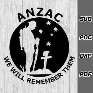 Puede incluir: Silueta en blanco y negro de un soldado de pie junto a una tumba con una cruz. El soldado sostiene un rifle y lleva una mochila. El fondo es un círculo negro con cinco estrellas blancas. El texto "ANZAC WE WILL REMEMBER THEM" está alrededor del círculo.