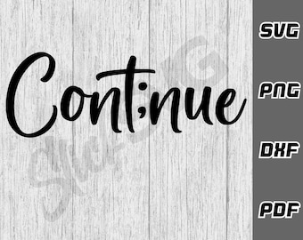 Op de afbeelding: Zwart-wit grafisch ontwerp met het woord "Continue" in een cursief lettertype.