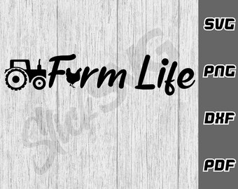 Könnte beinhalten: Schwarze und weiße Silhouette eines Traktors und eines Huhns mit dem Text "Farm Life" in einer stilisierten Schrift.