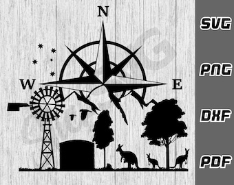 Australian Outback SVG Outline - png - dxf - pdf Australia Outback dxf - kangaroo svg - Australia svg - Compass svg - southern cross svg