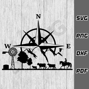 Kompass Outback SVG Umriss - png - dxf - pdf - dxf - Pferd svg - Stier svg - Kuh svg - Windmühle svg - Land svg - Berg svg