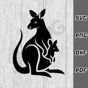 May include: Black silhouette of a kangaroo with a joey in its pouch. The kangaroo is facing to the right and has a long tail. The joey is facing to the left and has a short tail.