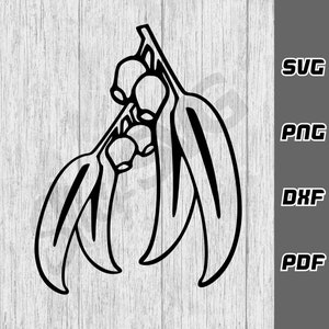 May include: Black line drawing of eucalyptus leaves and seed pods. The design is set against a light wood grain backdrop. The image includes the text "SVG", "PNG", "DXF", and "PDF" in a vertical column.