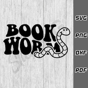Puede incluir: Diseño gráfico en blanco y negro del texto "BOOKWORM" con una ilustración de gusano estilizada.