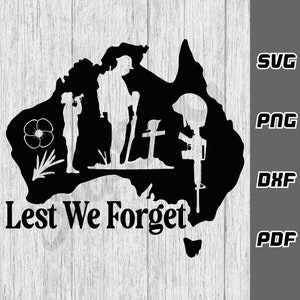 Op de afbeelding: Zwart-witte silhouet van het Australische continent met een klaproos, een soldaat, een geweer en een kruis. De tekst "Lest We Forget" staat onder de silhouet.