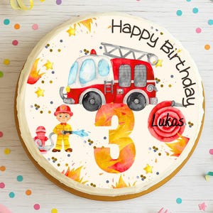 Fire brigade cake topper – with large number & name – sugar image for children's birthdays – edible – 20 cm – personalized