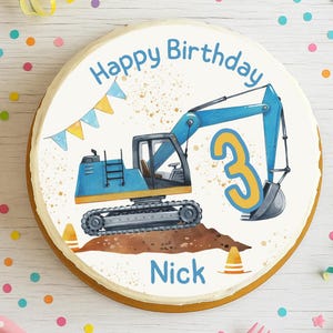 Decorazione per torta a forma di escavatore blu – personalizzata con nome e numero – immagine in pasta di zucchero per festeggiare il compleanno del bambino – decorazione moderna da cantiere per bambini