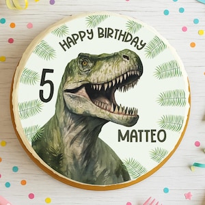 Personalized T-Rex cake topper – realistic dinosaur sugar image with name & number – birthday boy