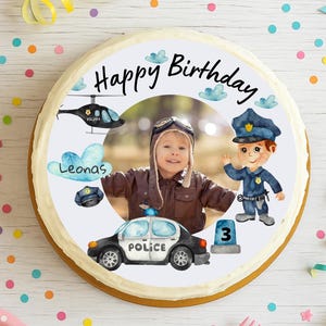 Police cake topper personalized with photo – edible sugar image made of fondant Ø20cm – children&#39;s birthday party – vegan & gluten-free – lactose-free