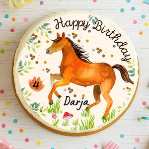 Cake topper cavallo stile naturale – personalizzato con nome e numero – immagine in pasta di zucchero per compleanno – commestibile – bambina o unisex – Ø 20 cm