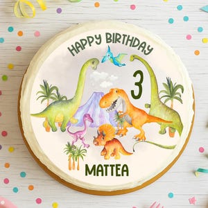 Decorazione per torta a forma di dinosauro in pasta di zucchero - Personalizzabile con nome e numero - Immagine di compleanno per bambini in pasta di zucchero - Immagine di dinosauro in pasta di zucchero per bambini