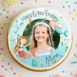 Mermaid cake topper with photo – personalized fondant image – birthday girl – sugar image round 20cm – underwater theme