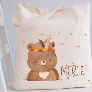 Sac de sport, sac de sport, sac en jute, sac en jute avec nom, sac pour changer de linge, personnalisé, bohème, ours, soleil, animaux de la forêt
