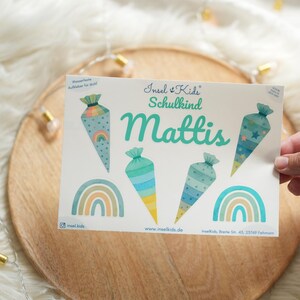Adesivo iscrizione scuola menta – set di adesivi per scolari con nome – A4 – cono scolastico arcobaleno – personalizzato per bambino e bambina