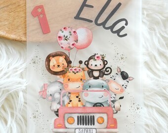 Iron-on patch pink Wild One birthday personalized – Safari animals balloons name & number – Jungle shirt iron-on patch