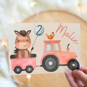 Bügelbild rosa Traktor mit Pferd – personalisiert mit Name – Bauernhof-Motiv für Mädchen – Geburtstagsshirt A4/A5