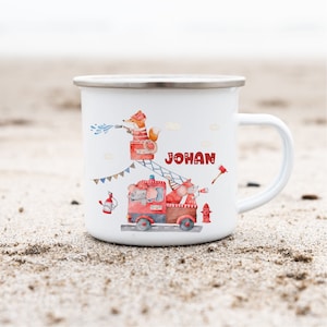 Enamel mug with name personalized fire brigade fireman rescue vehicles fox elephant