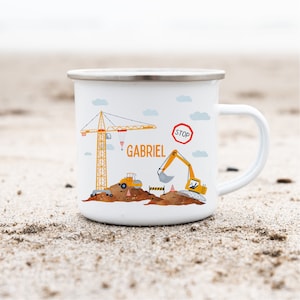 Enamel mug with name personalized construction site excavator wheel loader construction worker crane
