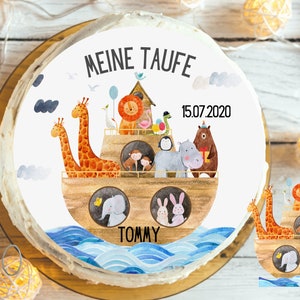 Noah&#39;s Ark baptism cake topper – personalized with name & baptism date – edible fondant topper vegan gluten-free Ø 20cm