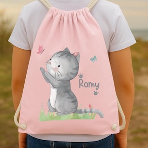 Turnbeutel Katze Mädchen personalisiert – Sportbeutel mit Namen – Schmetterling – Kita Tasche für Wechselwäsche