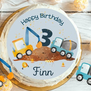 Tortenaufleger Radlader & Betonmischer – personalisiert mit Name und Alter – Fondantbild in Blau – Baustellenparty für den Kindergeburtstag
