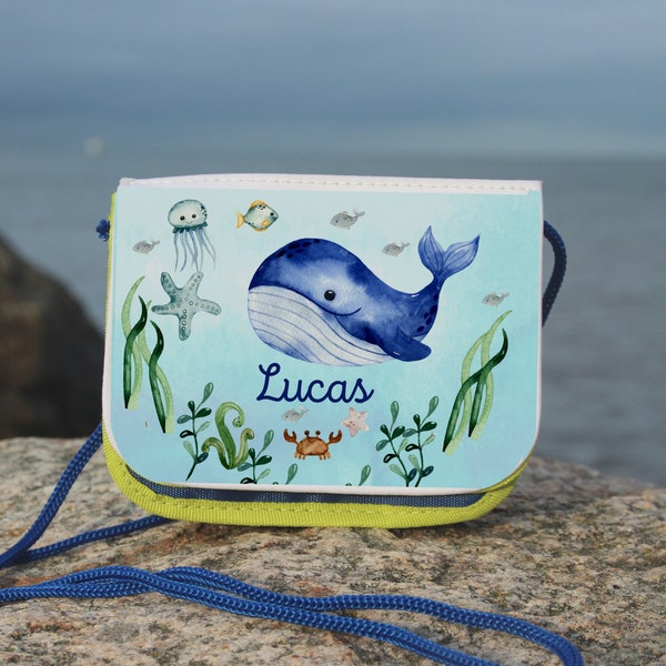 Pochette tour de cou pour enfant porte-monnaie porte-nom sous-marin baleine de mer poisson