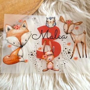 Animali della foresta termoadesivi personalizzati – volpe, cervo, coniglio – maglietta di compleanno con nome ed età – decorazione di compleanno per bambini fai da te