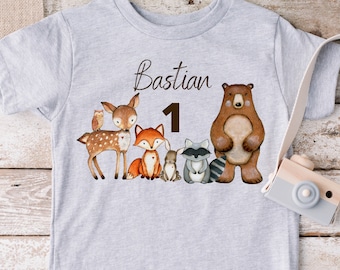 Iron-on image for colored textiles with desired name and age personalized fox birthday shirt forest animals forest animal birthday fox deer bear