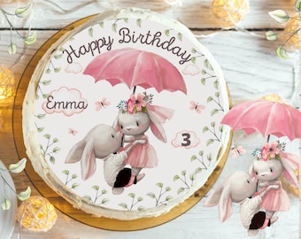 Cake Topper Fondant Birthday Child Sugar Image Girl Boy Bunny Flowers Rabbit