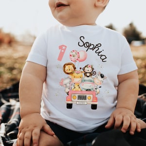 Birthday Shirt Safari Pink – Wild One Shirt Personalized – 1st Birthday Girl – Jungle Animals – T-Shirt Name & Age – Pink