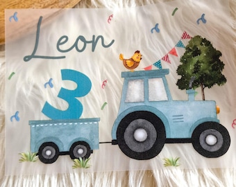 Iron-on patch tractor with trailer – personalized with name & number – birthday children – T-shirt gift – farm DIY