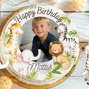 Decorazione per torta safari con foto – immagine personalizzata in pasta di zucchero – compleanno bambino – leone e animali della giungla – immagine rotonda in zucchero 20 cm