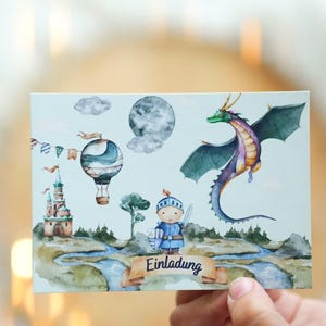 Cartes d'invitation Chevalier Dragon – 8 pièces pour anniversaires d'enfants – Motif Château et Aventure – à personnaliser soi-même – Set DIN A6