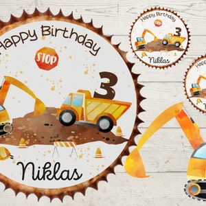 Muffin Topper Cupcake Muffin Muffins Fondant Birthday Child Sugar Image Construction Site Excavator Wheel Loader