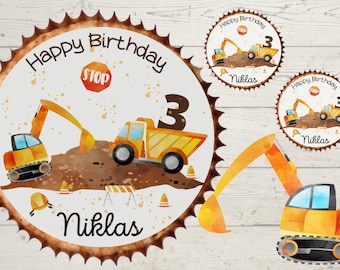 Muffin Topper Cupcake Muffin Muffins Fondant Birthday Child Sugar Image Construction Site Excavator Wheel Loader