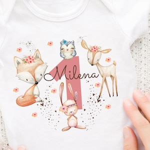 Iron-on image with desired name and age personalized fox birthday shirt forest animals forest animal birthday fox deer rabbit image 1