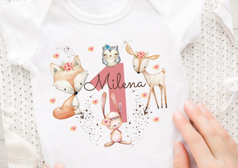 Iron-on image with desired name and age personalized fox birthday shirt forest animals forest animal birthday fox deer rabbit image 1